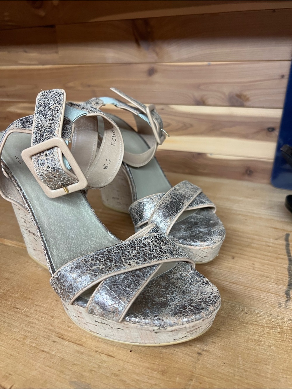 Stuart Weitzman Metallic Silver Crackle Platform Wedge Sandals